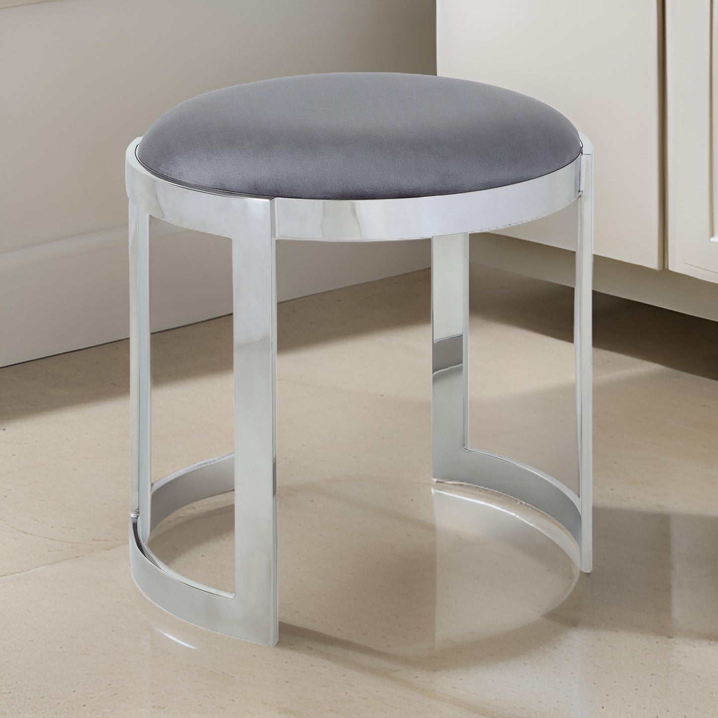 Niyo 19 Inch Accent Stool, Cushioned Gray Velvet Seat, Silver Metal Frame