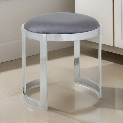 Niyo 19 Inch Accent Stool, Cushioned Gray Velvet Seat, Silver Metal Frame