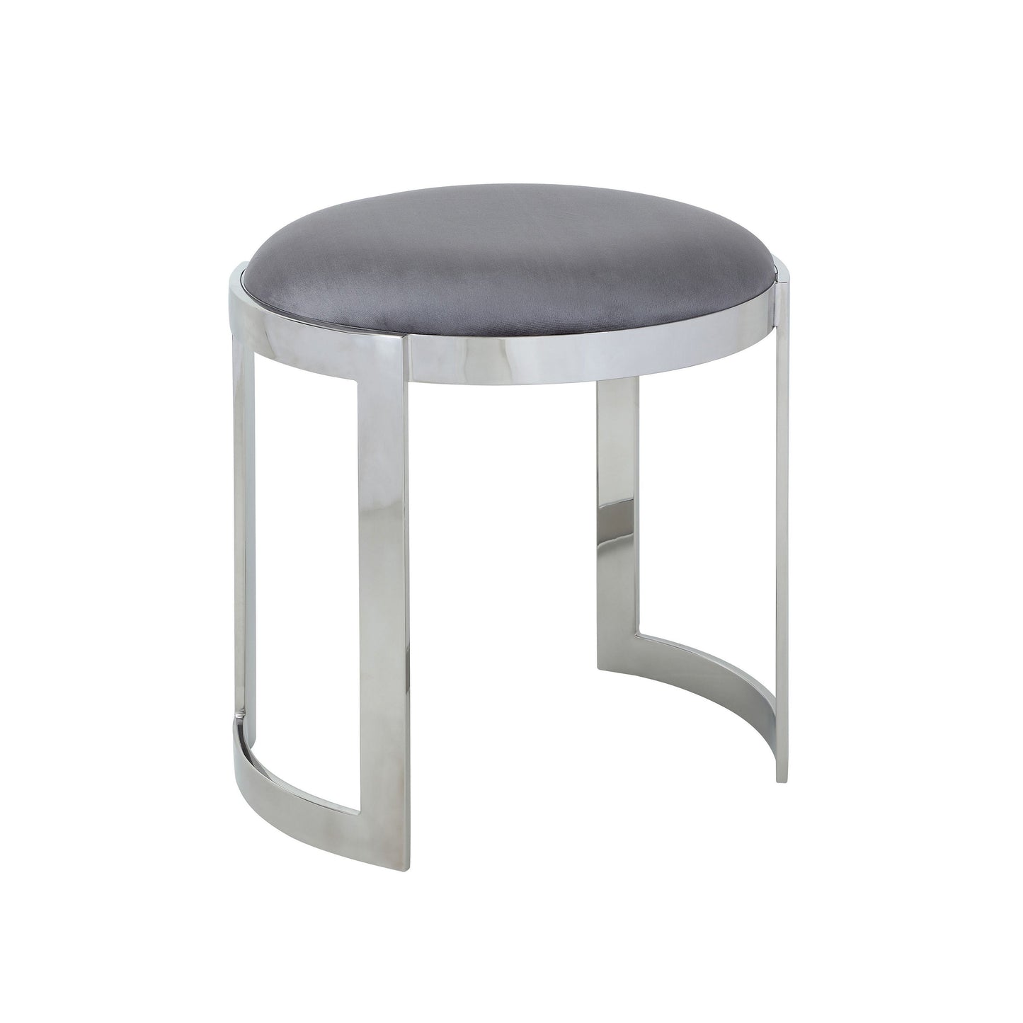 Niyo 19 Inch Accent Stool, Cushioned Gray Velvet Seat, Silver Metal Frame