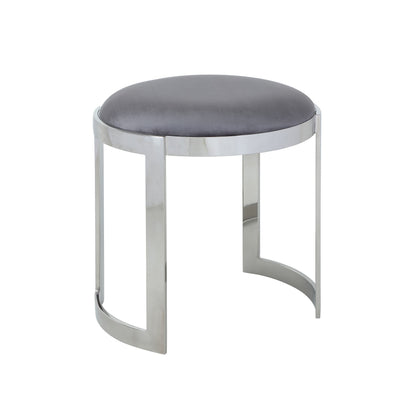Niyo 19 Inch Accent Stool, Cushioned Gray Velvet Seat, Silver Metal Frame