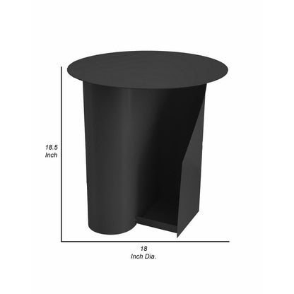 Rati 19 Inch Side End Table with Magazine Rack, Round Top, Black Finish