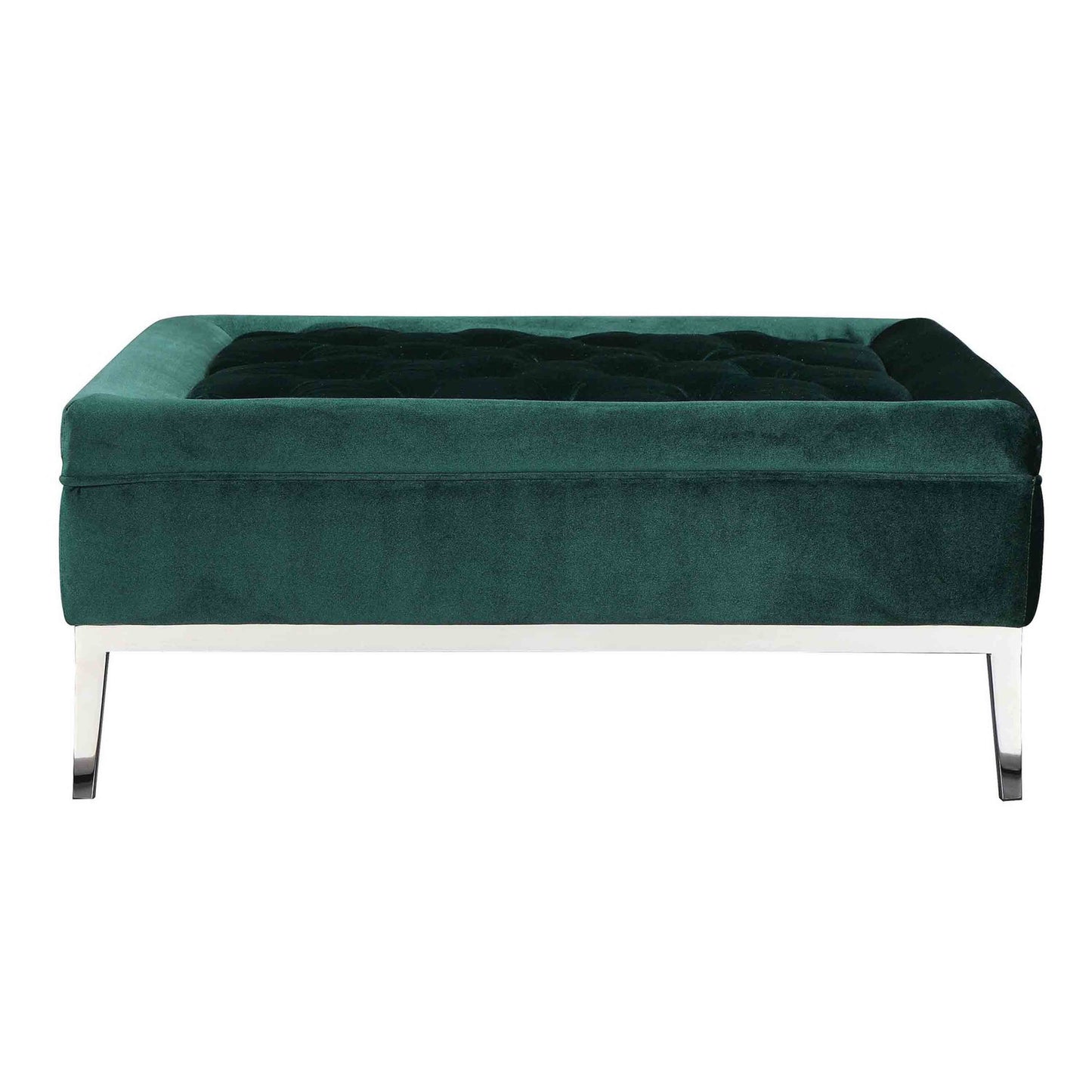 Vien 37 Inch Ottoman, Nailhead Trim, Square, Green Velvet Tufted, Chrome
