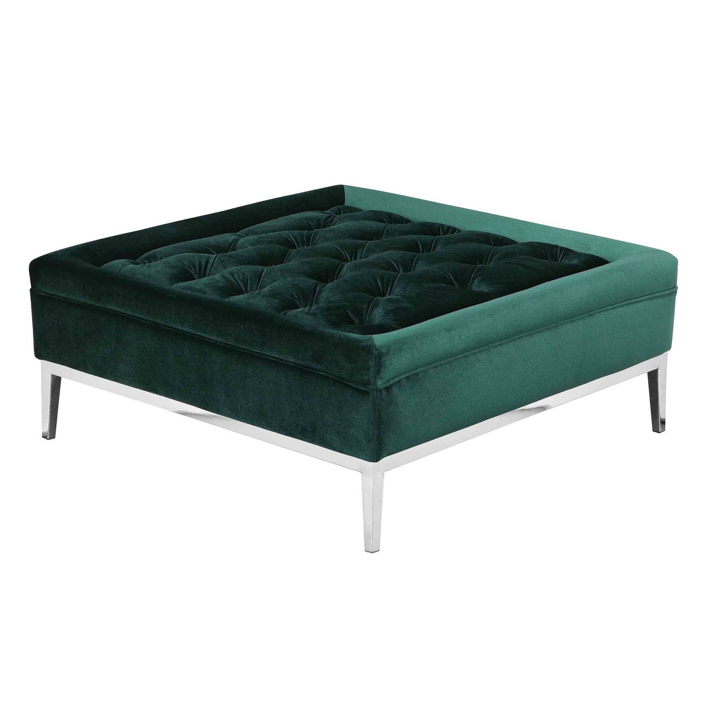 Vien 37 Inch Ottoman, Nailhead Trim, Square, Green Velvet Tufted, Chrome