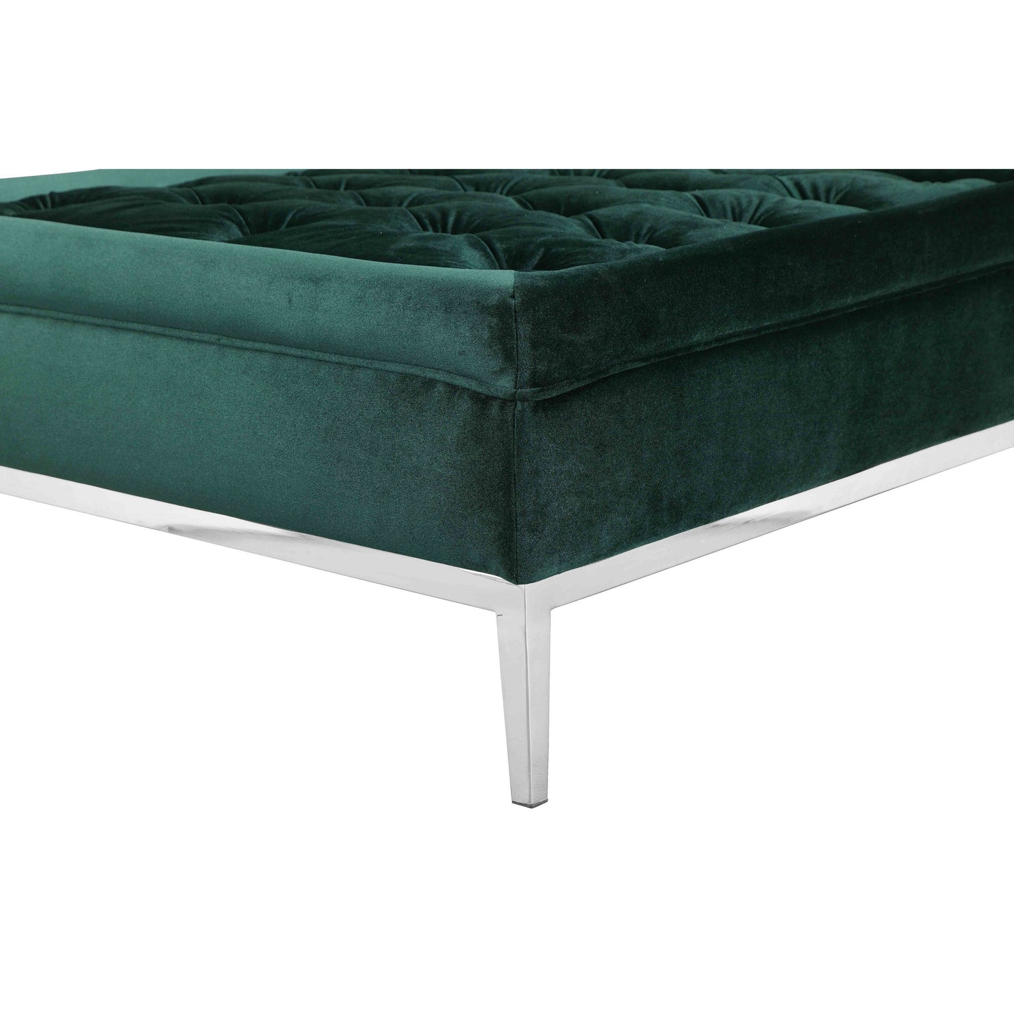 Vien 37 Inch Ottoman, Nailhead Trim, Square, Green Velvet Tufted, Chrome