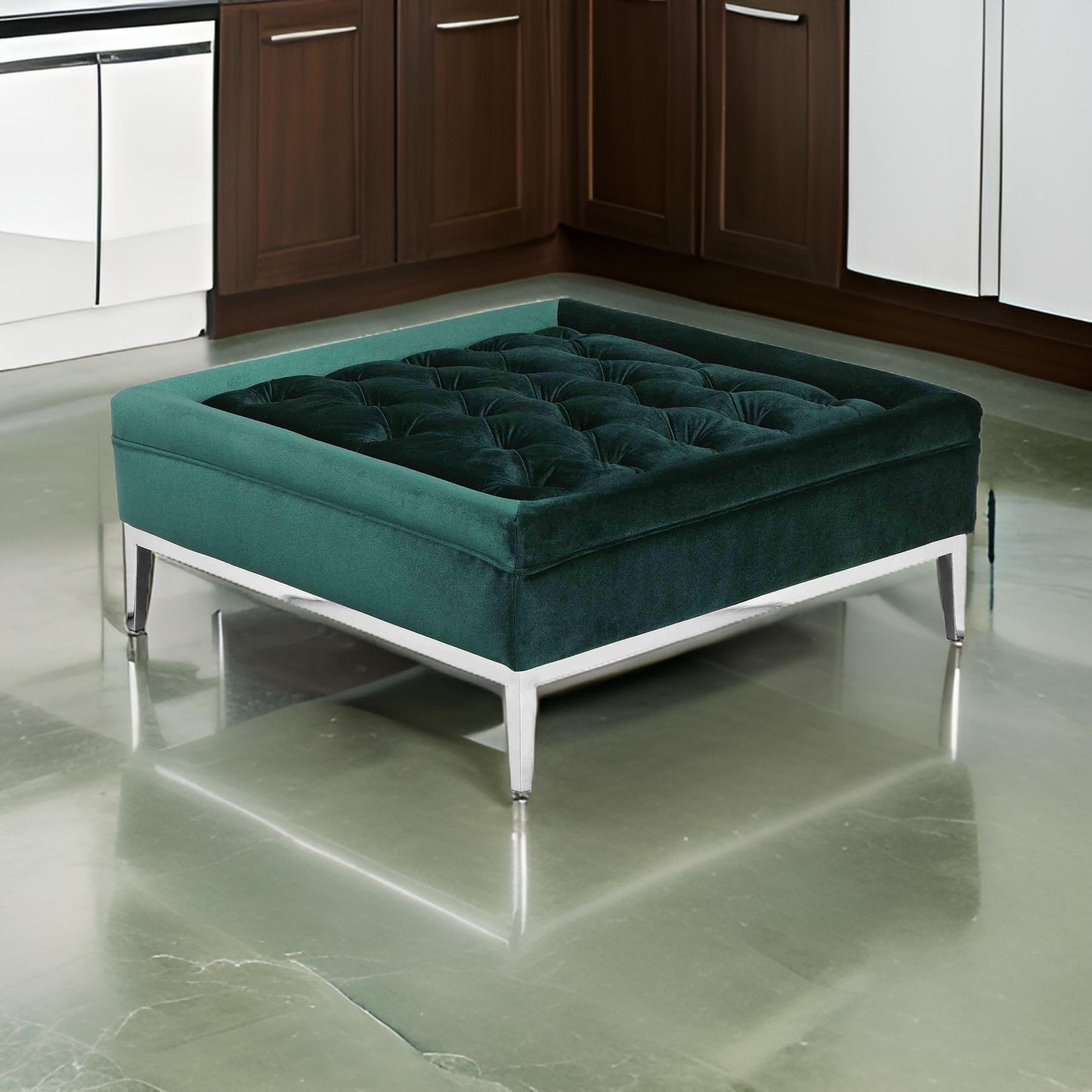 Vien 37 Inch Ottoman, Nailhead Trim, Square, Green Velvet Tufted, Chrome
