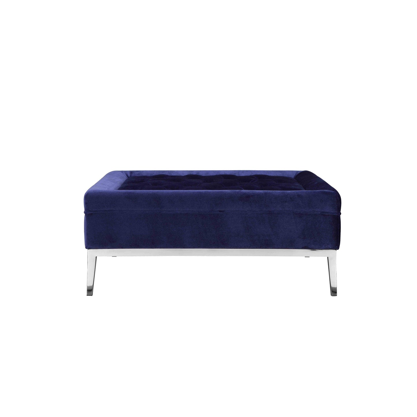 Vien 37 Inch Ottoman, Nailhead Trim, Square, Blue Velvet Tufted, Chrome