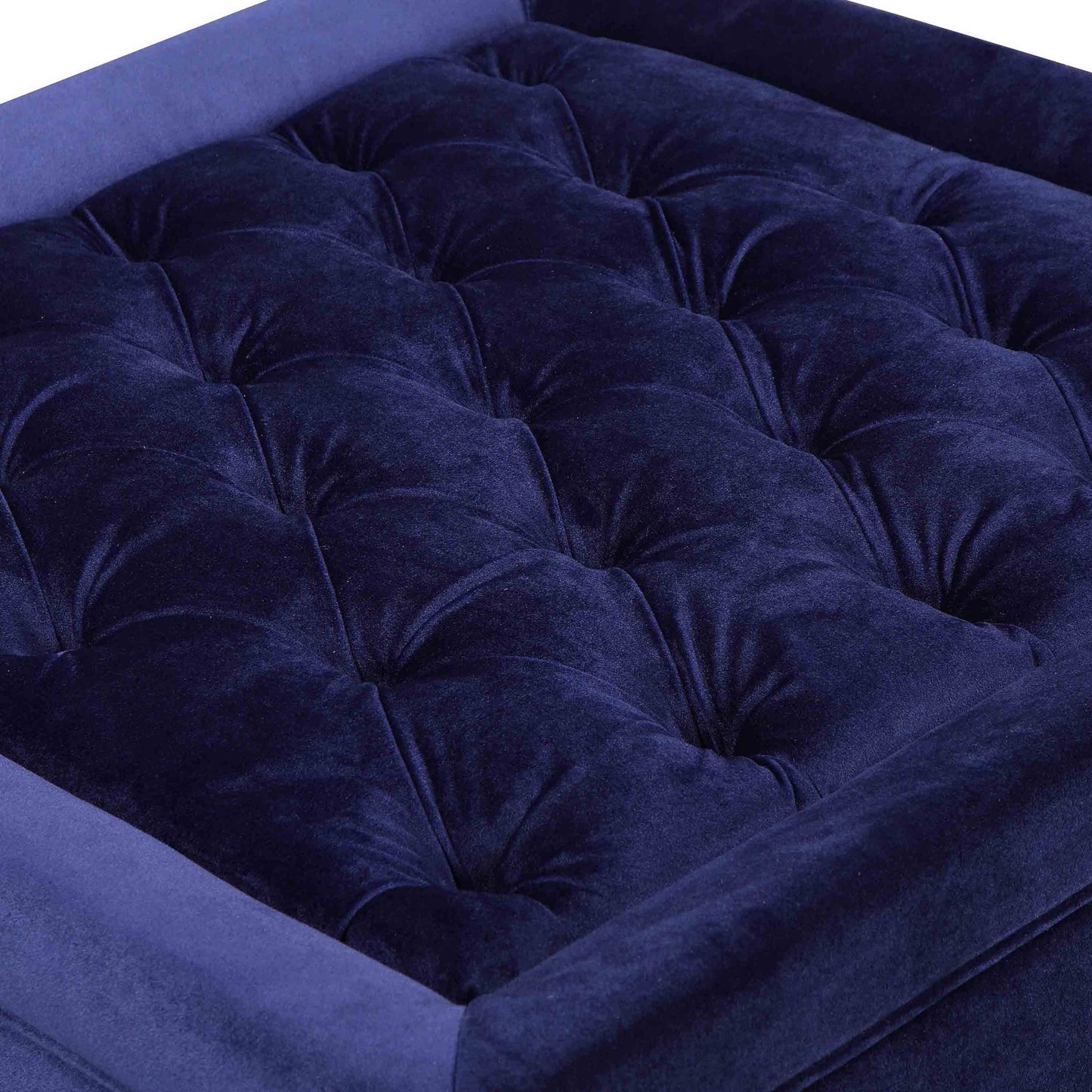Vien 37 Inch Ottoman, Nailhead Trim, Square, Blue Velvet Tufted, Chrome