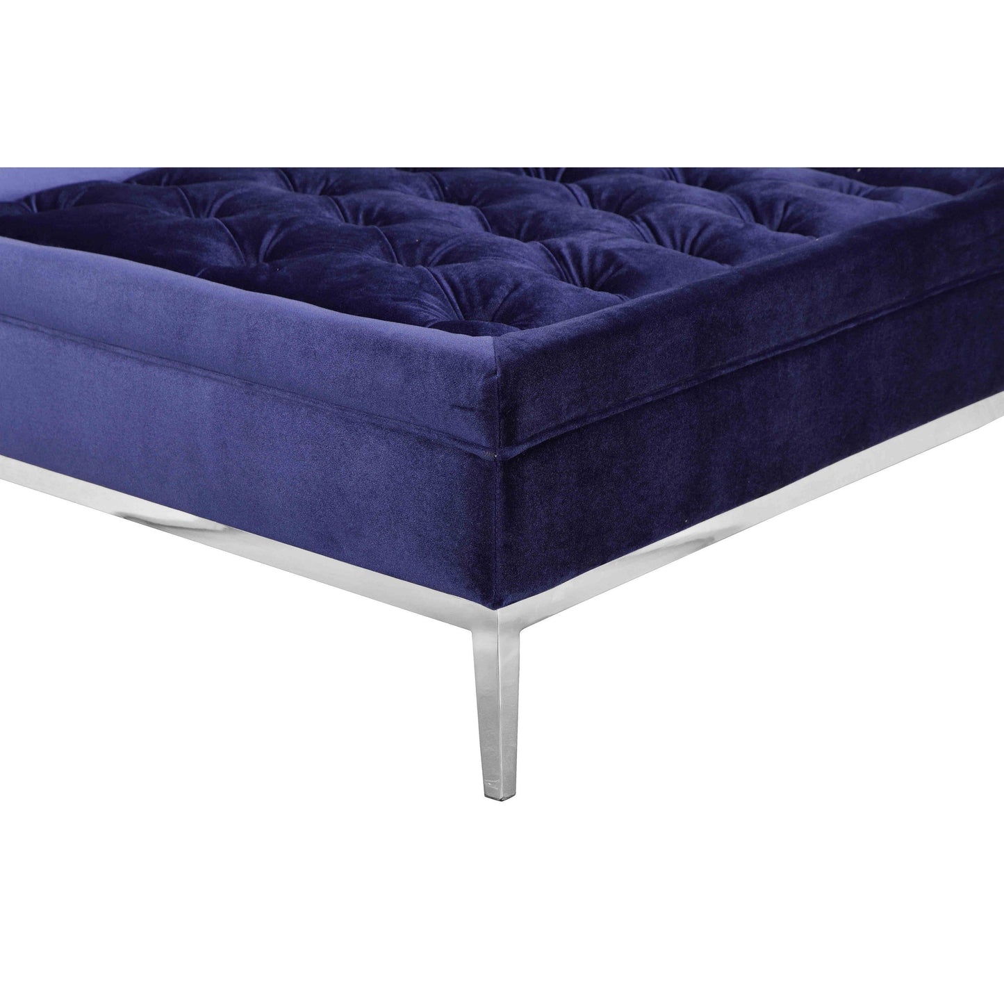 Vien 37 Inch Ottoman, Nailhead Trim, Square, Blue Velvet Tufted, Chrome