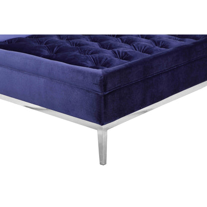 Vien 37 Inch Ottoman, Nailhead Trim, Square, Blue Velvet Tufted, Chrome