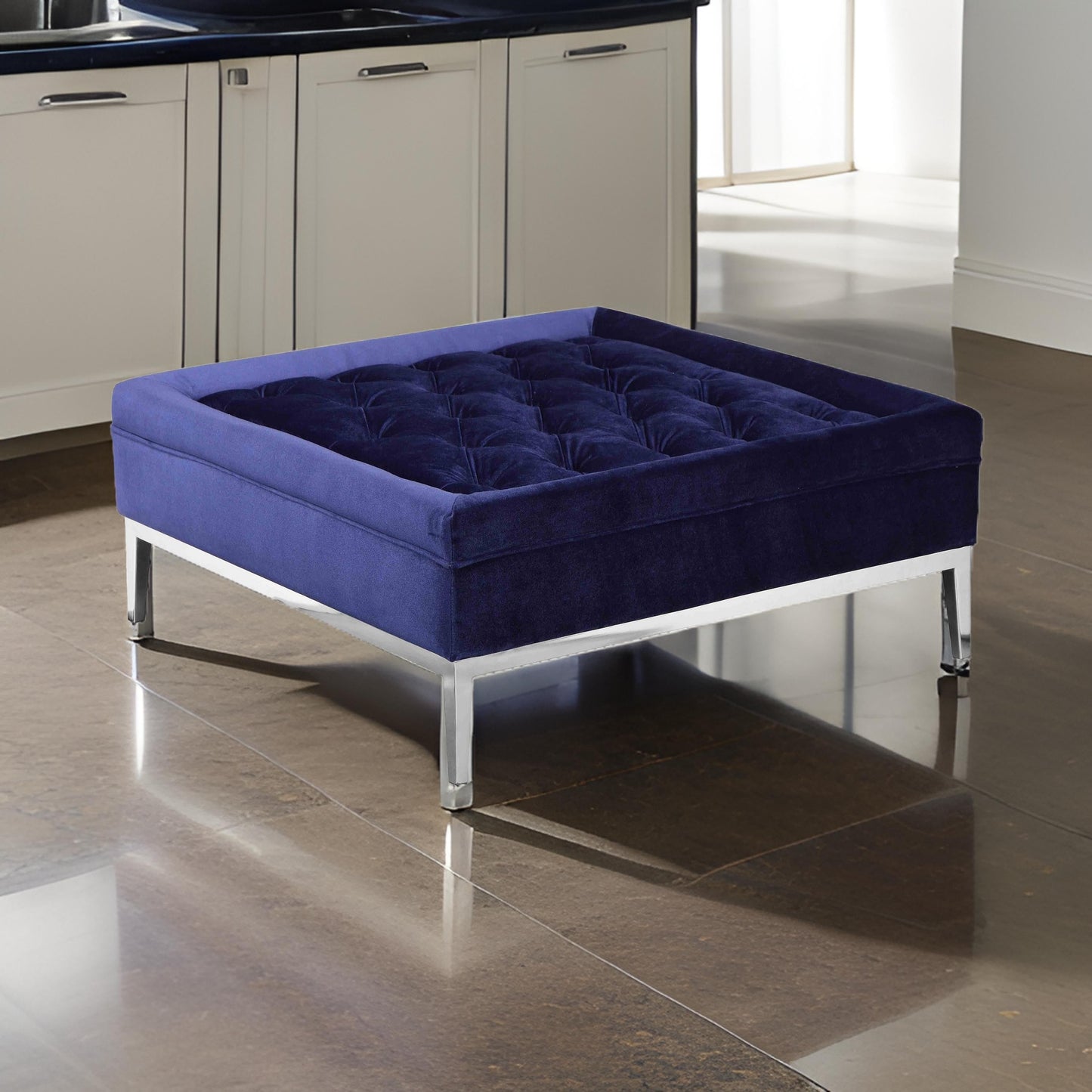 Vien 37 Inch Ottoman, Nailhead Trim, Square, Blue Velvet Tufted, Chrome