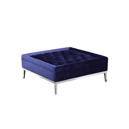 Vien 37 Inch Ottoman, Nailhead Trim, Square, Blue Velvet Tufted, Chrome