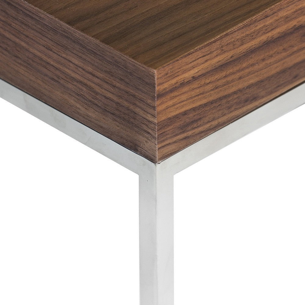 Zen 24 Inch Side End Table, Square, Brown Wood Top, Chrome Steel Frame