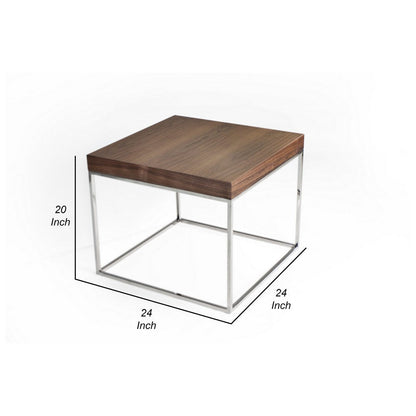 Zen 24 Inch Side End Table, Square, Brown Wood Top, Chrome Steel Frame