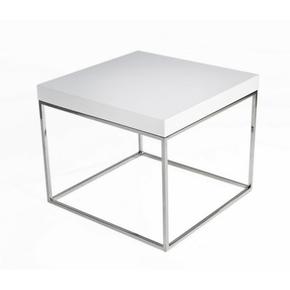 Zen 24 Inch Side End Table, Square, White Lacquer Top, Chrome Steel Frame