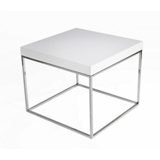 Zen 24 Inch Side End Table, Square, White Lacquer Top, Chrome Steel Frame