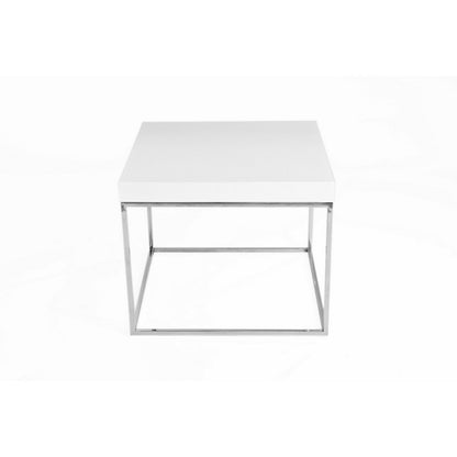 Zen 24 Inch Side End Table, Square, White Lacquer Top, Chrome Steel Frame