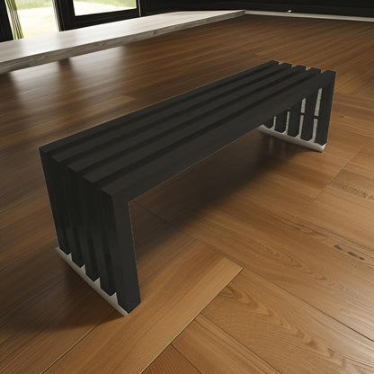Namo 58 Inch Accent Bench, Modern Slatted Design, Rectangular, Black Steel