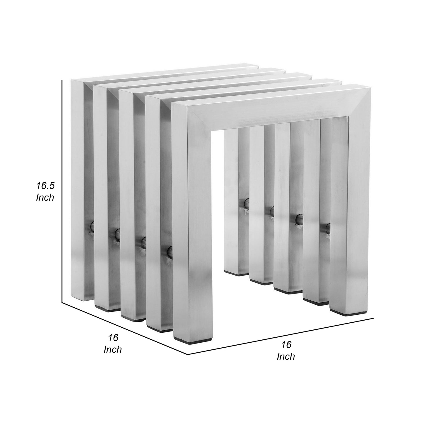 Namo 17 Inch Accent Stool, Modern Slatted Design, Rectangular Brushed Steel