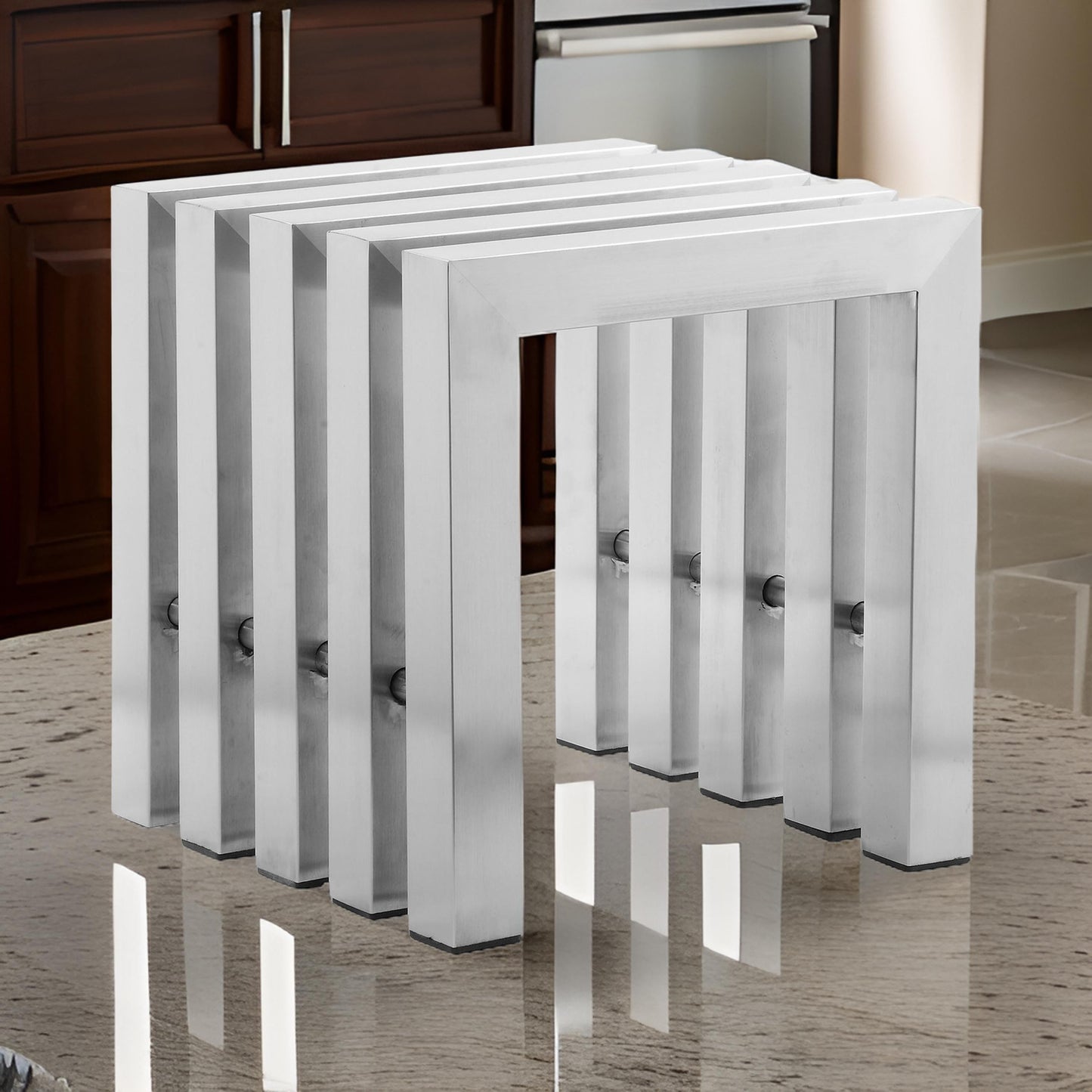 Namo 17 Inch Accent Stool, Modern Slatted Design, Rectangular Brushed Steel