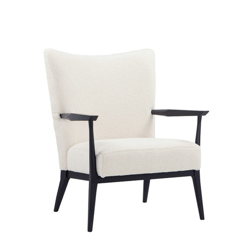 Mae 29 Inch Accent Armchair, Barrel, White Boucle Upholstery, Black Metal