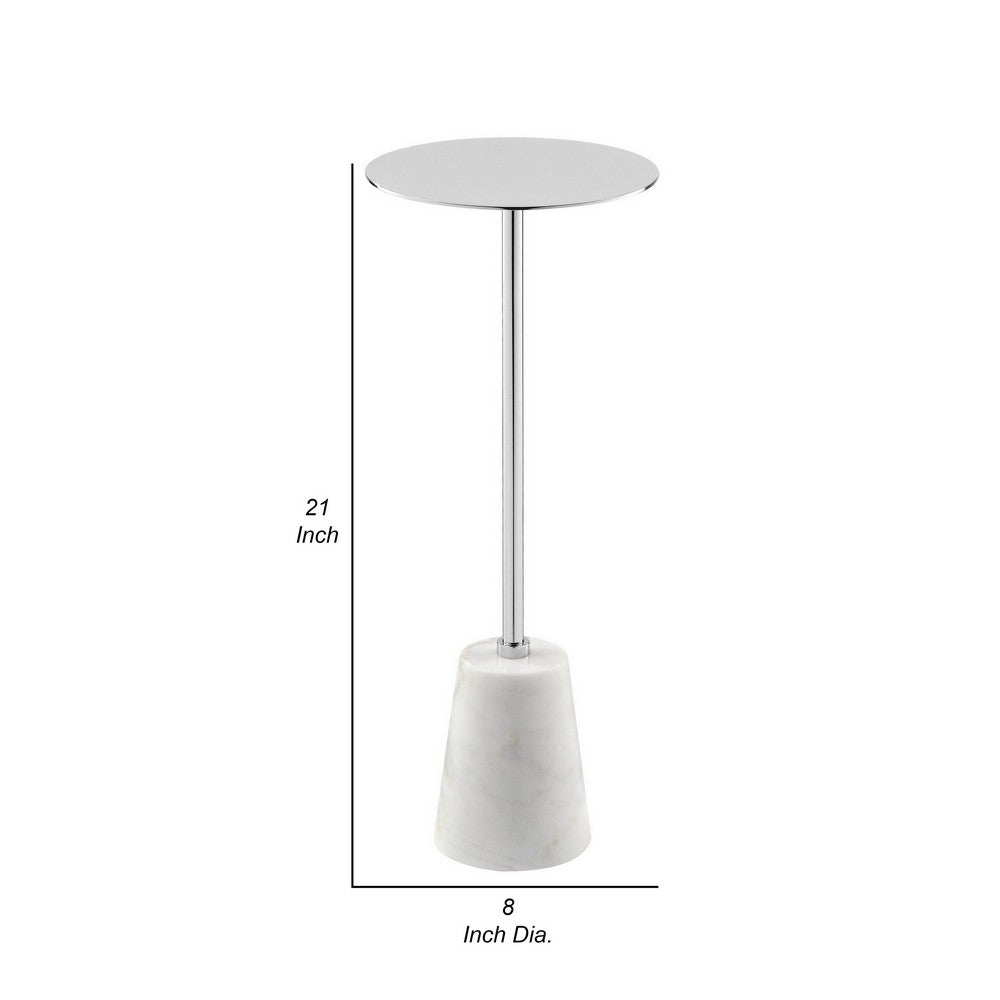Sen 21 Inch Drink Side End Table, Cone White Marble Base, Chrome Metal Top