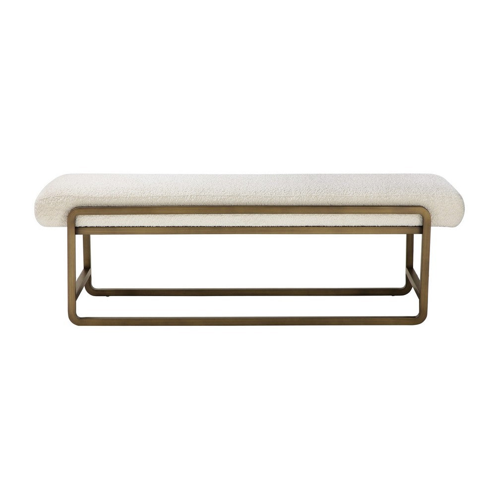 Loer 54 Inch Modern Accent Bench, Ivory Boucle Upholstery, Sled Brass Legs