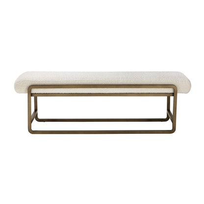 Loer 54 Inch Modern Accent Bench, Ivory Boucle Upholstery, Sled Brass Legs