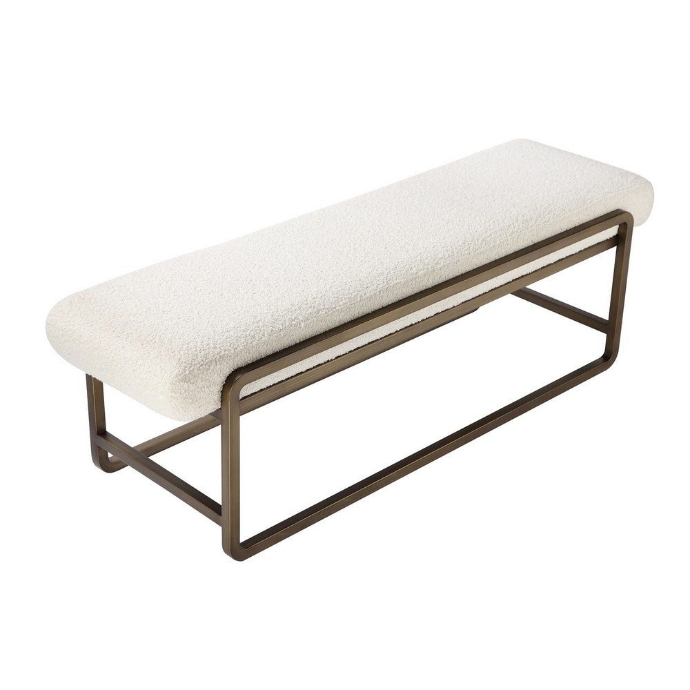 Loer 54 Inch Modern Accent Bench, Ivory Boucle Upholstery, Sled Brass Legs