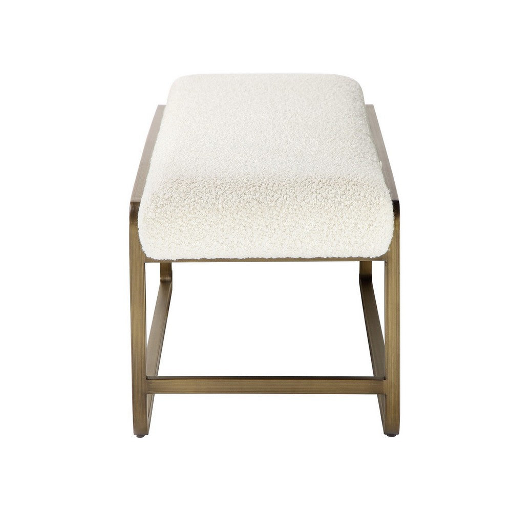 Loer 54 Inch Modern Accent Bench, Ivory Boucle Upholstery, Sled Brass Legs