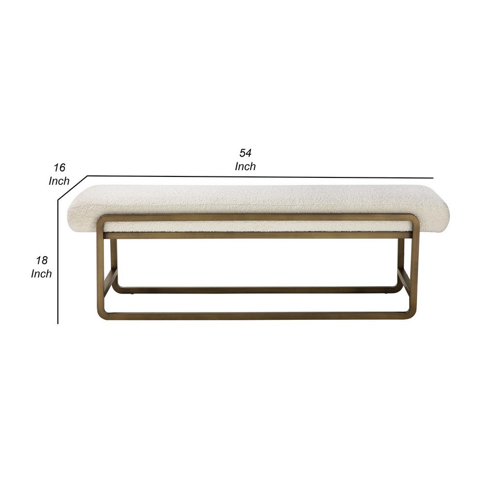 Loer 54 Inch Modern Accent Bench, Ivory Boucle Upholstery, Sled Brass Legs