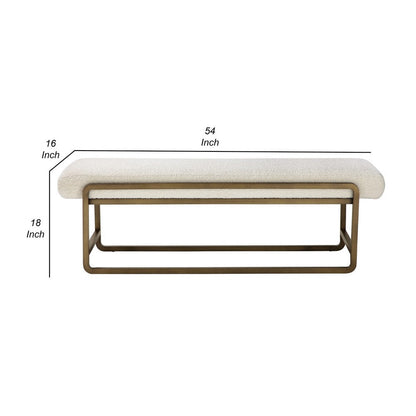 Loer 54 Inch Modern Accent Bench, Ivory Boucle Upholstery, Sled Brass Legs