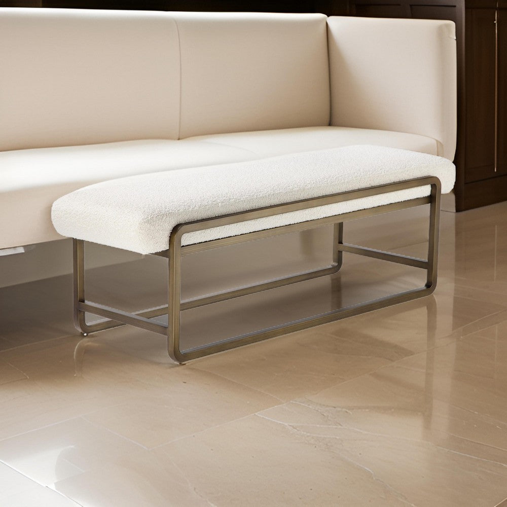 Loer 54 Inch Modern Accent Bench, Ivory Boucle Upholstery, Sled Brass Legs