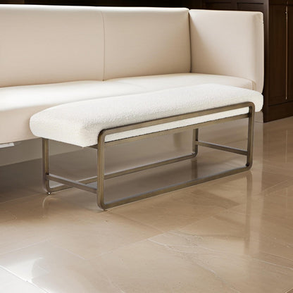 Loer 54 Inch Modern Accent Bench, Ivory Boucle Upholstery, Sled Brass Legs