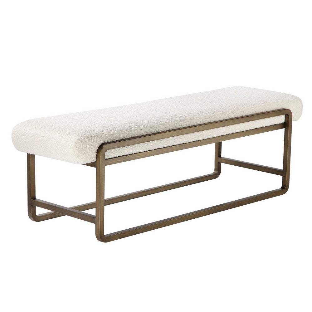 Loer 54 Inch Modern Accent Bench, Ivory Boucle Upholstery, Sled Brass Legs