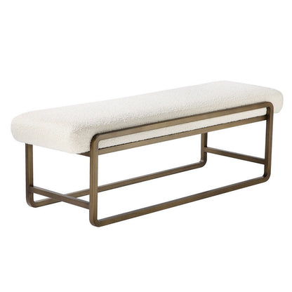 Loer 54 Inch Modern Accent Bench, Ivory Boucle Upholstery, Sled Brass Legs