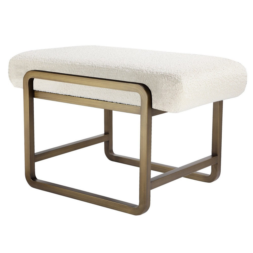 Loer 18 Inch Modern Accent Stool, Ivory Boucle Upholstery, Sled Brass Legs