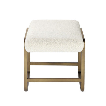 Loer 18 Inch Modern Accent Stool, Ivory Boucle Upholstery, Sled Brass Legs