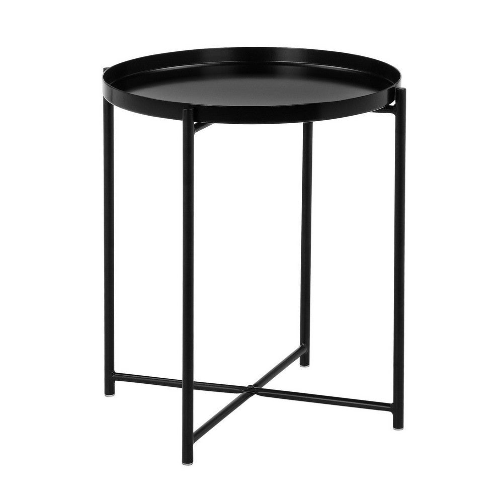 Ely 21 Inch Side End Table, Round Tray Top, Modern Open Metal Frame – Black