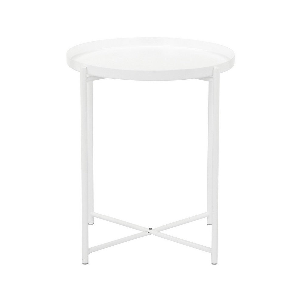 Ely 21 Inch Side End Table, White Round Tray Top, Modern Open Metal Frame