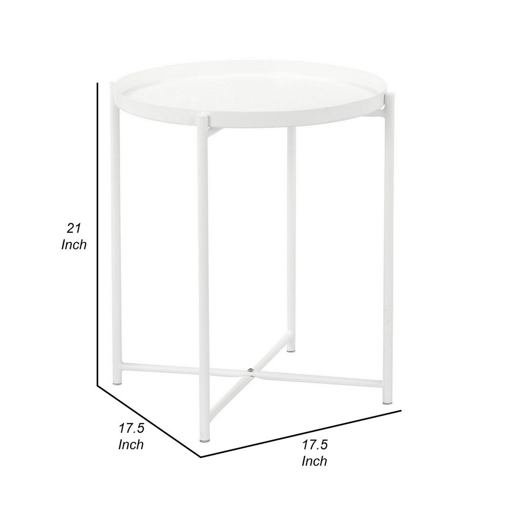 Ely 21 Inch Side End Table, White Round Tray Top, Modern Open Metal Frame