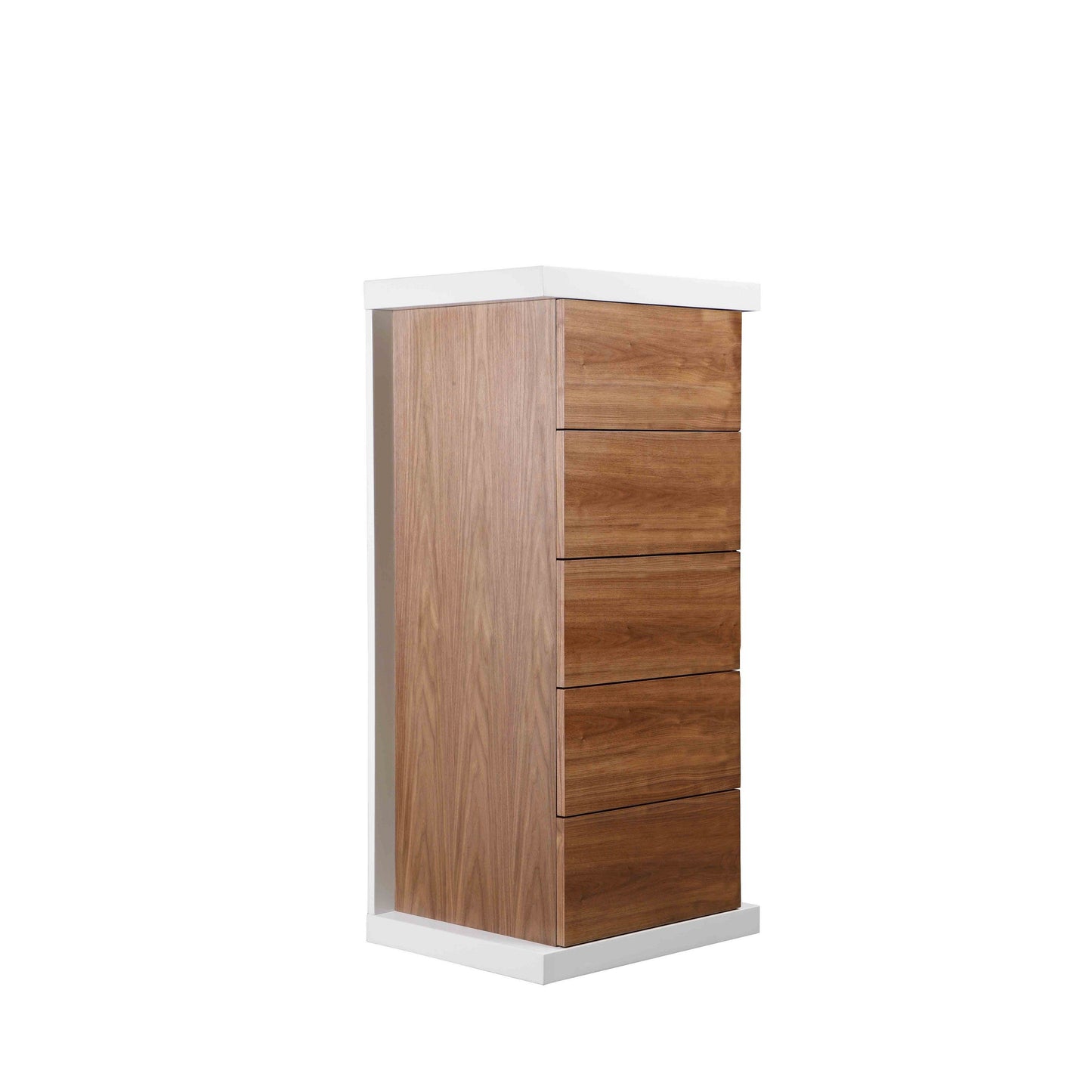 Gyn 47 Inch Tall Dresser Chest, 5 Drawers, Plinth Base, Walnut Brown, White