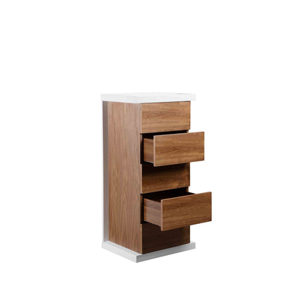 Gyn 47 Inch Tall Dresser Chest, 5 Drawers, Plinth Base, Walnut Brown, White