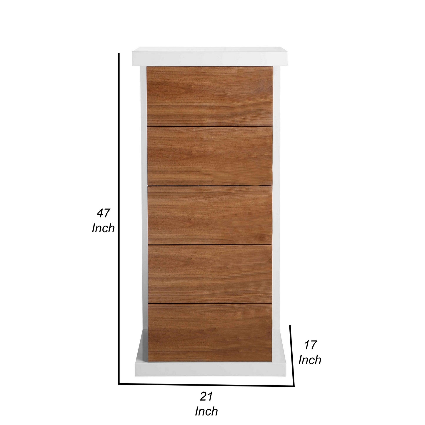Gyn 47 Inch Tall Dresser Chest, 5 Drawers, Plinth Base, Walnut Brown, White