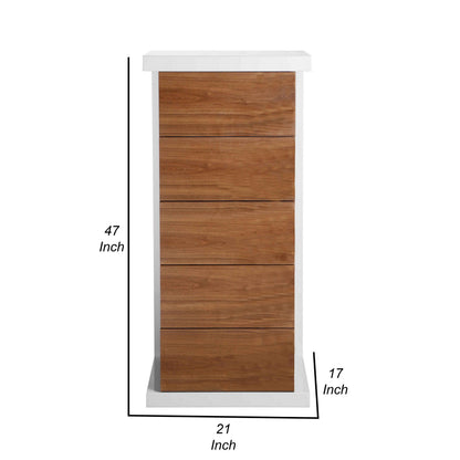 Gyn 47 Inch Tall Dresser Chest, 5 Drawers, Plinth Base, Walnut Brown, White