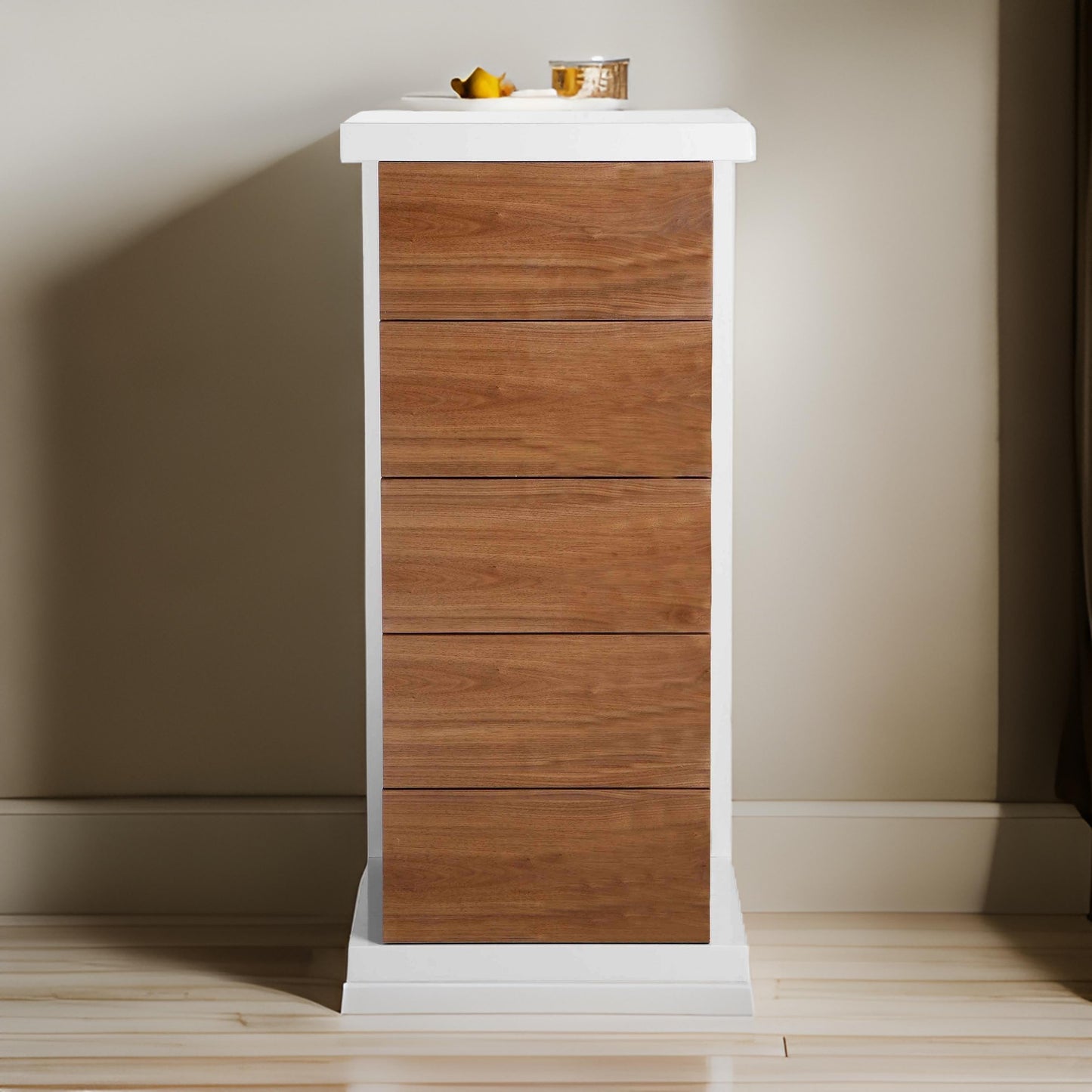 Gyn 47 Inch Tall Dresser Chest, 5 Drawers, Plinth Base, Walnut Brown, White