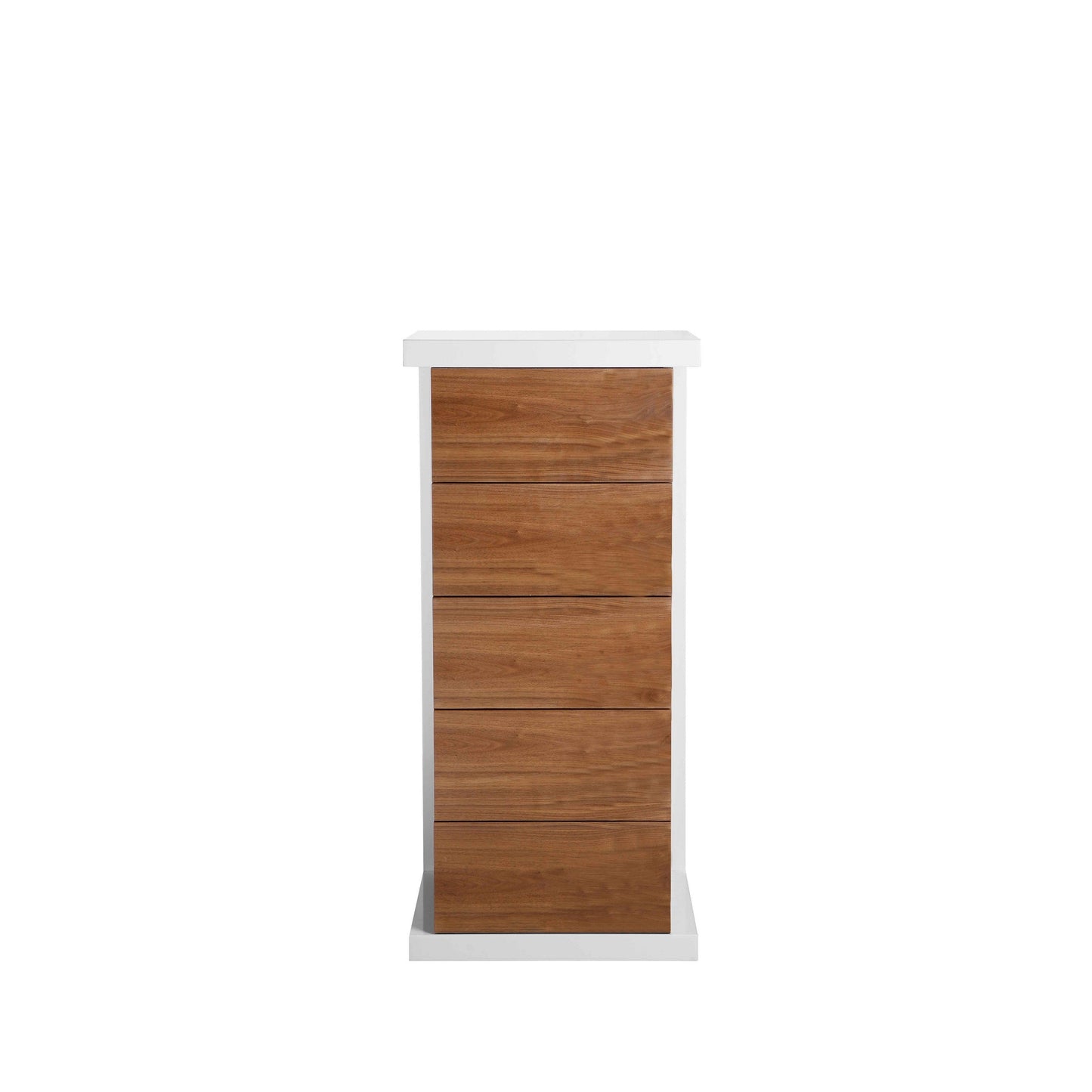 Gyn 47 Inch Tall Dresser Chest, 5 Drawers, Plinth Base, Walnut Brown, White