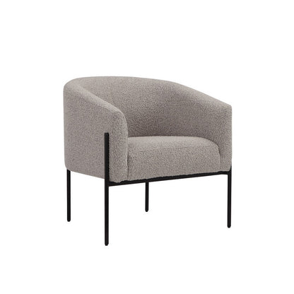 Mae 29 Inch Accent Armchair, Barrel, Gray Boucle Upholstery, Black Metal