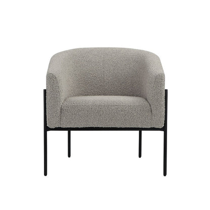Mae 29 Inch Accent Armchair, Barrel, Gray Boucle Upholstery, Black Metal