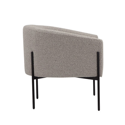 Mae 29 Inch Accent Armchair, Barrel, Gray Boucle Upholstery, Black Metal