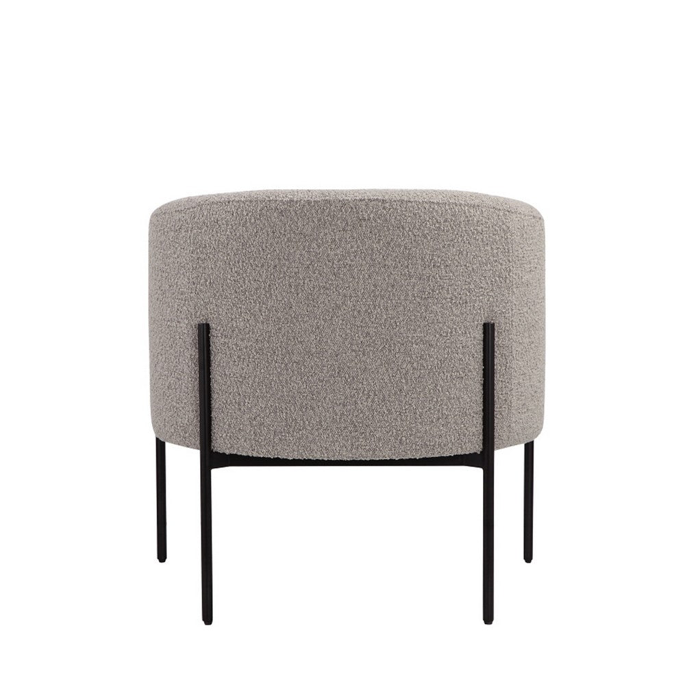 Mae 29 Inch Accent Armchair, Barrel, Gray Boucle Upholstery, Black Metal